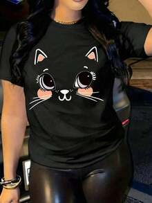 Nueva camiseta de cuello redondo para mujer, manga corta, holgada, casual y versátil con estampado de gatos a la moda , tejido suave y de buena caídaPure-Cotton - Blanco - Ver 7
