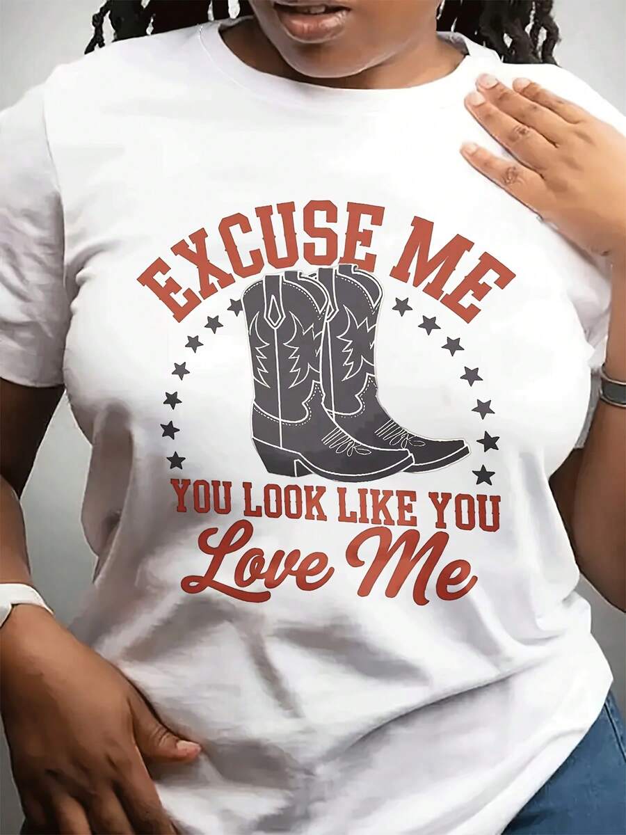 Women's Casual Round Neck T-Shirt, Perfect For Valentine's Day. This Short, Stylish Top Can Be Worn For Everyday Wear. Features A Denim Print And Is Ideal As A Gift For Friends And Family. - 白色 - 查看 1