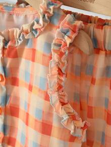 2pcs/Set Young Girl's Fashionable Floral Trim Plaid Vest And Pants Set, Summer - Orange - View 5