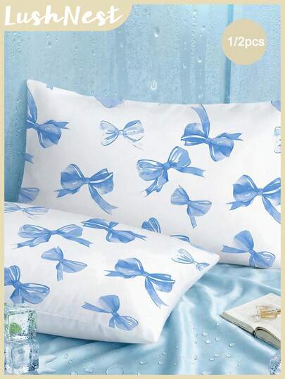 1/2pcs Blue Bow Decorative Cooling Pillowcase , Cute Summer Bedding Combinations, Soft Reversible Design, Suitable For Summer