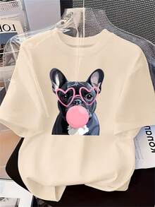 Plus Size, Women's Summer New Arrival T-Shirt With Short Sleeves, Featuring A Cartoon Print Of A -Gray French Bulldog Wearing Pink Heart-Shaped - 杏色 - 查看 6