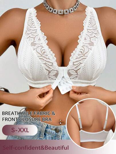 Front Closure Lace Floral Patchwork Sexy Women's Bra, Wireless Casual Comfortable Racerback Design Thin Sports Bra