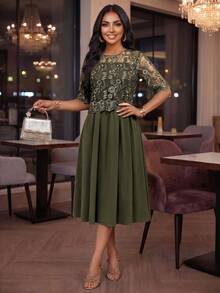 SHEIN Lady Vestido corto de manga corta de encaje verde elegante para mujer - Verde - Ver 2