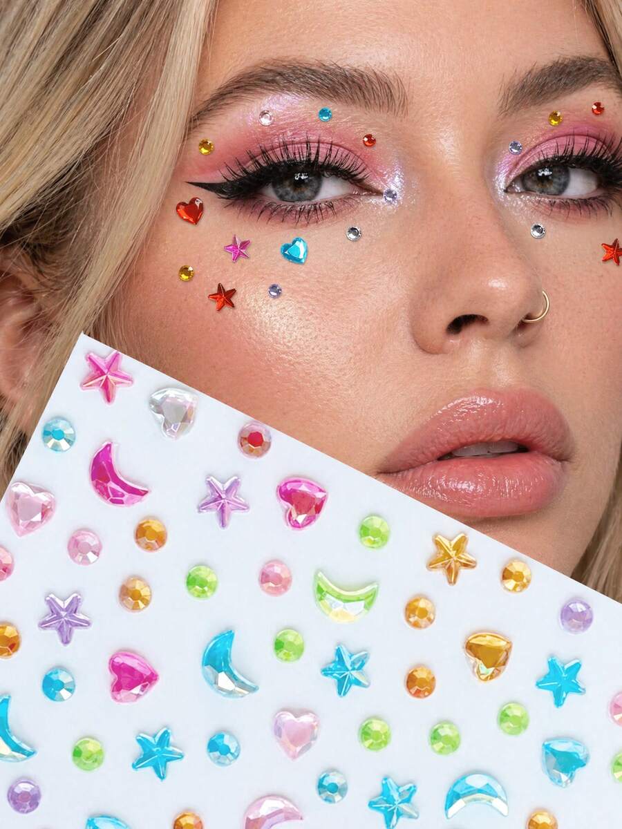 2Pcs Colorful Rhinestones DIY, Rainbow Eye Stickers For Art, Music Festival Stage Performance, Face Jewelry Makeup Accessories With Multiple Styles - Multicolor - View 1