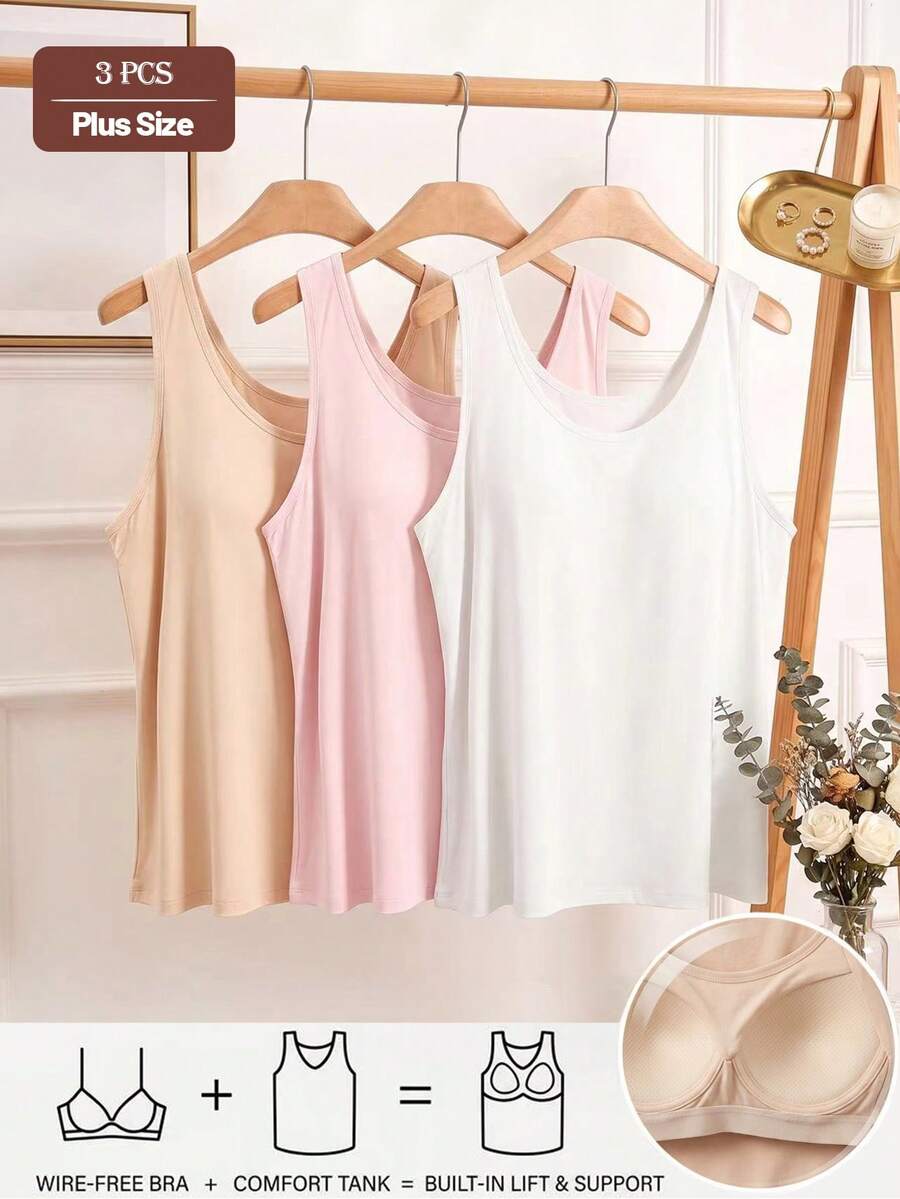 3pcs Plus Size Solid Color Camisole With Lining And Chest Pads, Seamless Comfortable Stretchy Sleeveless Top - Multicolor - View 1