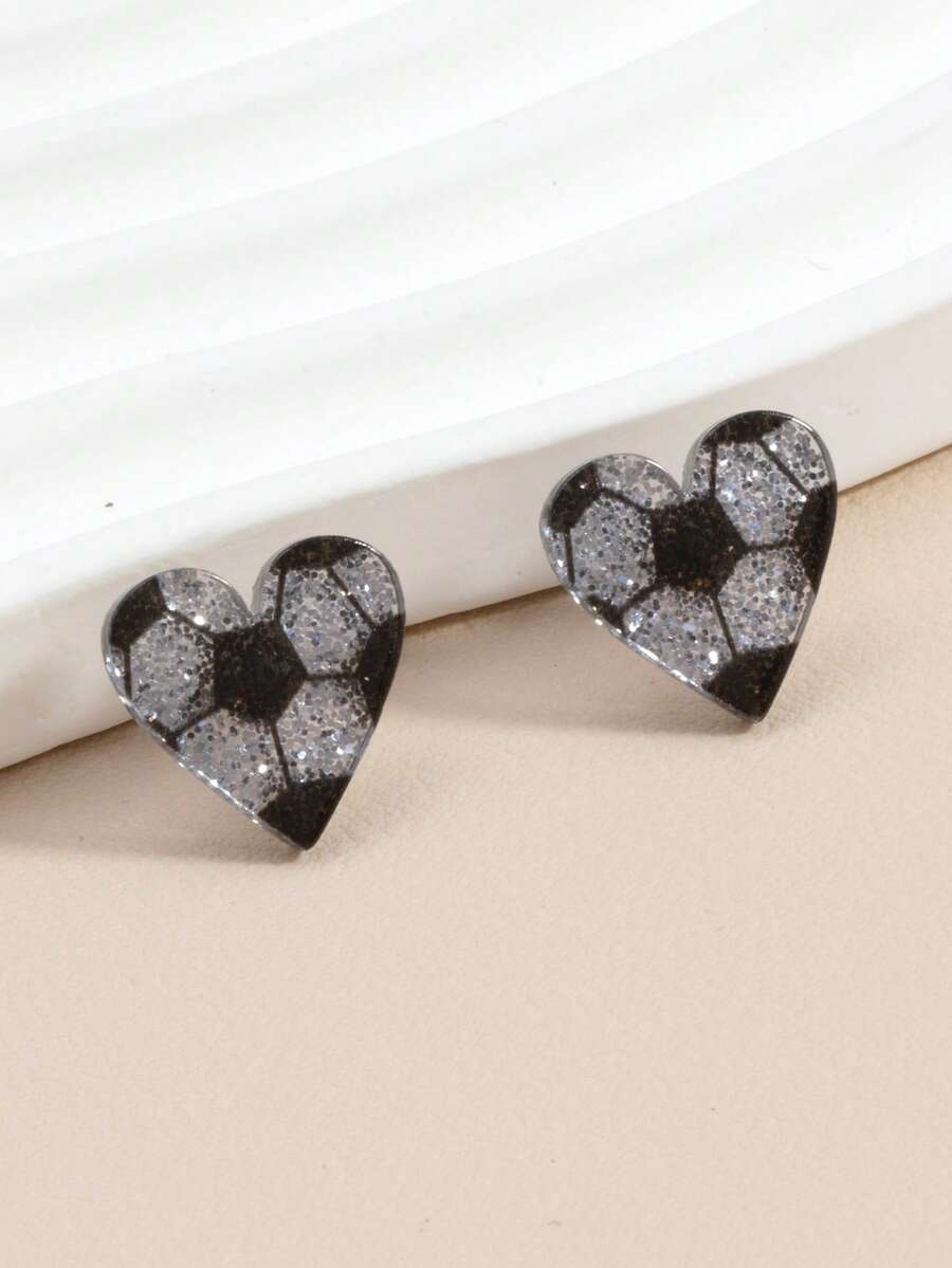 Acrylic Shiny Ball & Heart Shaped Earrings, Casual Sports Style, Fashionable Cross-Border European And American Accessories - Football Heart - View 1