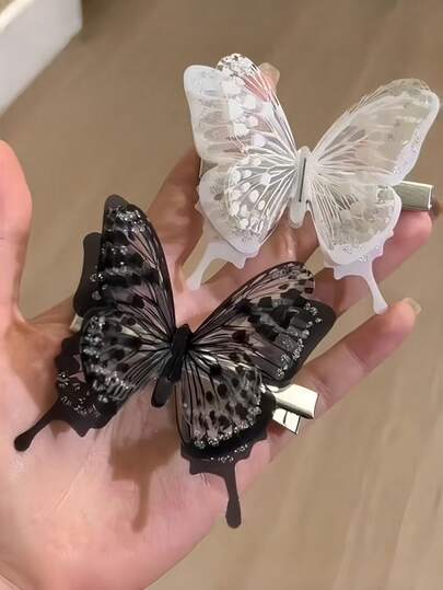 1pc Black White Sheer Butterfly Hair Clips, Glitter Mesh Transparent Butterfly Alligator Barrettes, Fairy Aesthetic Side Hair Pins, Gothic Sweet Hair Accessories For Girls