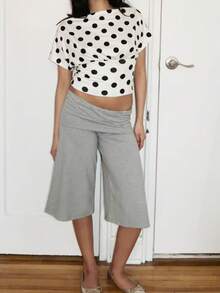 Women 's Fold Over Lounge Capris Wide Leg Low Rise Cropped Gaucho Pants Solid Color Flowy Pajama Bottom - Light Grey - View 6