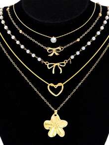 5 Peças por Conjunto. Colar de Pingente com Laço em Formato de Coração Único Design para Mulheres. Conjunto de Colar de Contas Personalizado e Versátil. - Multicolorido - Visão 2