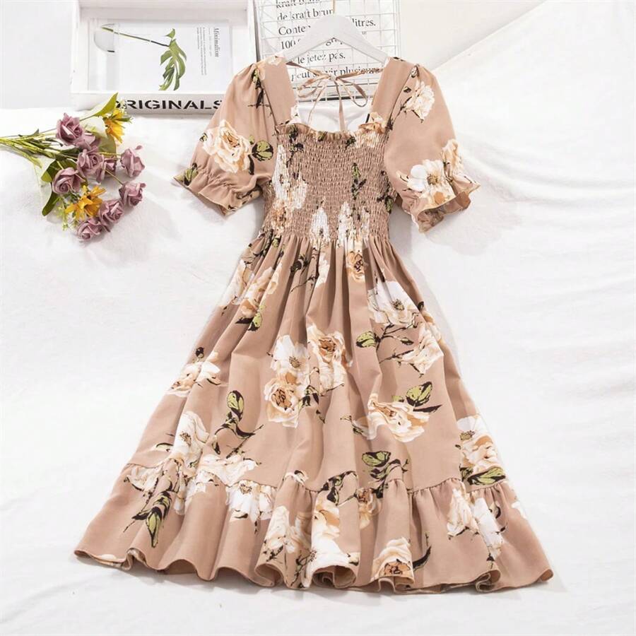 Primavera Verano Vestidos de gasa moda femenina cintura elástica manga corta plisado vestido Casual mujeres A-line Vestidos - kaqixuelianhua - Ver 1