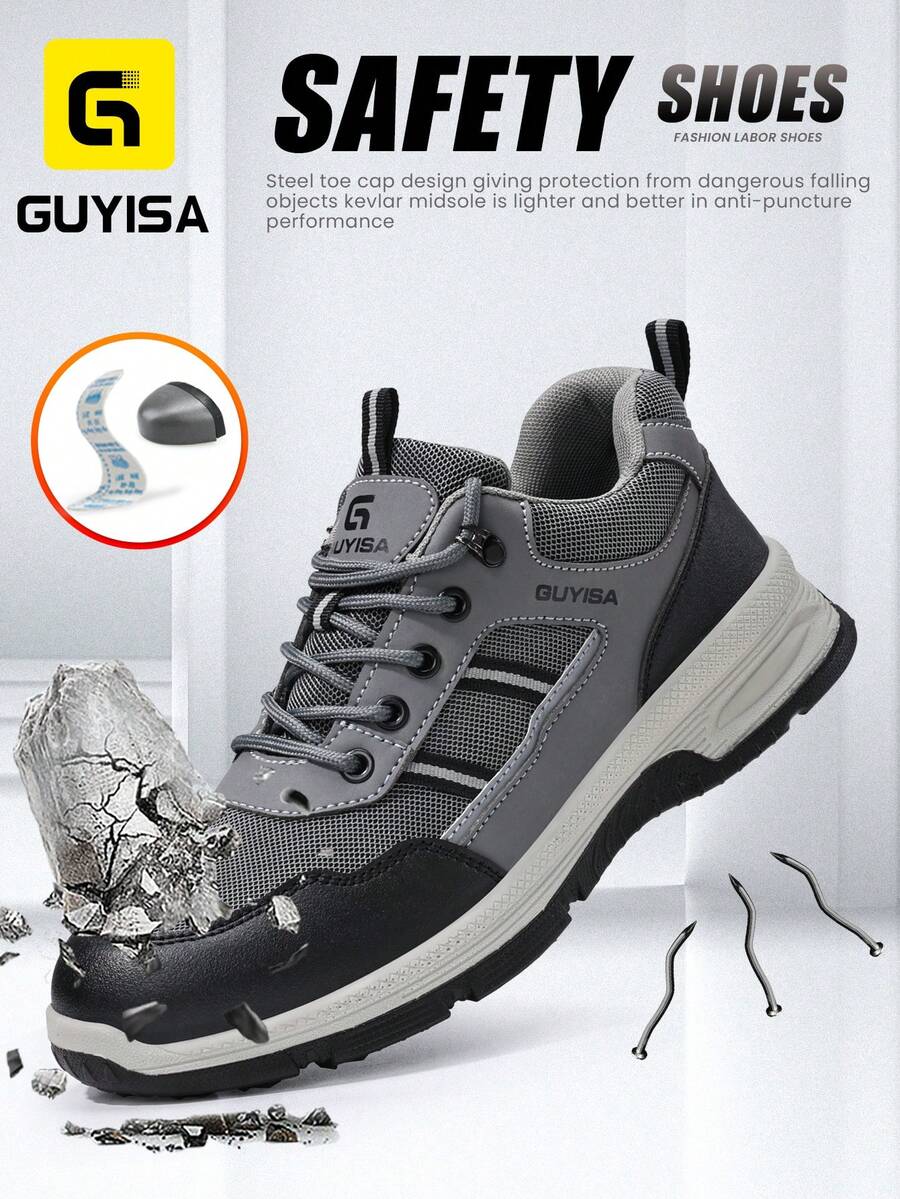 Men's Steel Toe Safety Shoes, Classic Series, Anti-Smash And Anti-Puncture, Comfortable And Fashionable Rubber Sole, Black Functional Work Shoes For All Seasons - Grey - View 1