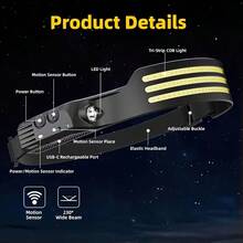 USB-C Rechargeable Headlamp, 3 Light Modes, Smart Induction, Waterproof For Camping - Black - View 5