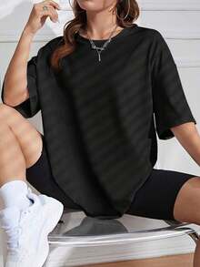 Loose-Fitting Solid-Color T-Shirt With Round Neck And Dropped Shoulders - Black - View 8