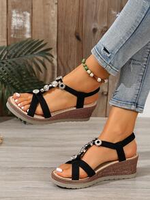 Giày sandal đế xuồng phong cách retro mùa hè 2025 dành cho nữ, kiểu bohemian, đế dây đính hạt màu đen, cao 5.5cm. - màu đen - Xem 3