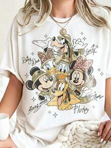 Disney Cartoon Retro Partner Adventure Signature Printed T-Shirt, Suitable For Daily Wear, Easy To Wear In Summer, Micro-Elastic, Soft Round Neck Casual Daily Shirt, Round Neck Summer Sweatshirt, Both Women's T-Shirt And Holiday Gift. - 白色 - 查看 1