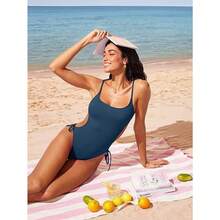 Women's Side Cutout Lace-Up One Piece Swimsuit, Scoop Neck Spaghetti Strap Monokini With Tie Side, High Cut Cheeky Bathing Suit, Tummy Control Swimwear For Summer Beach & Pool - 藏青色2683-2 - 查看 3