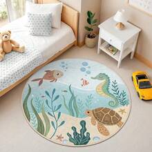 Alfombra de mundo submarino vibrante, alfombra redonda de océano con tortuga, caballito de mar y peces, estera colorida de vida marina para decoración de playa para habitación de niños - 4 - Ver 3