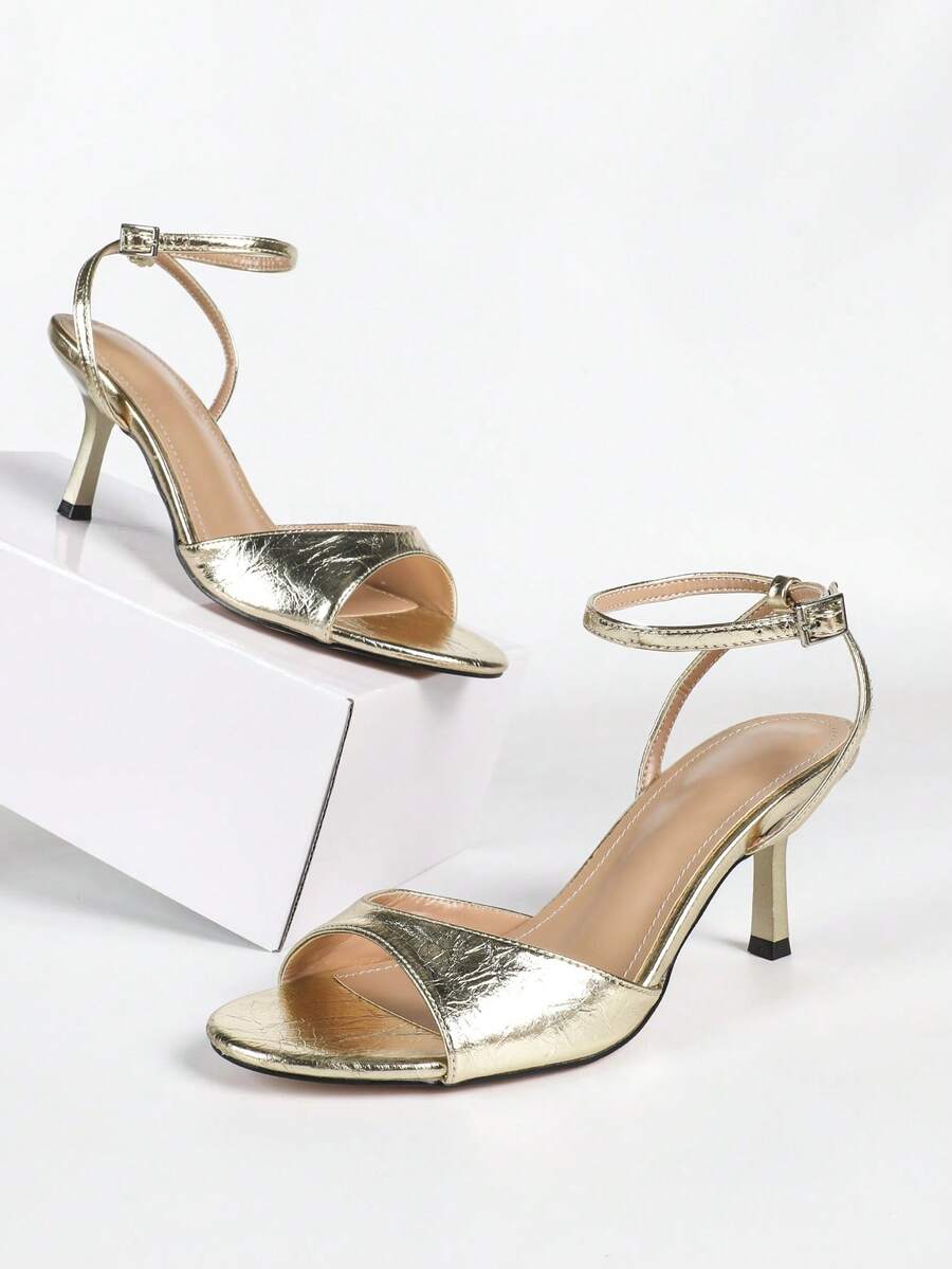 Women's Buckle Design Fashion Daily Wear High Heel Sandals - Gold 1 Fine Line - View 1