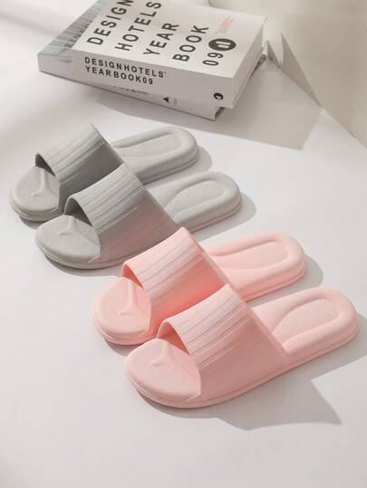 Solid Color Minimalist Style Home Slippers For Women, Summer Indoor Non-Slip Soft Bottom Bathroom Shower Slides, Strap Casual Comfortable Plastic Sandals, Pink Girly Design