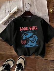 Short-Sleeved Blouse, New And Great, Vintage Blouses, Cute Top, 100% Cotton, Men's Shirts, Manfinity Graphic Tees For Men, Women's Book Lover Print T-Shirt - Summer Design Showing A Woman Reading And Stars, Made Of Stretch Polyester Fiber, Round Neck, Casual Short-Sleeved Top, Machine Washable, Suitable For Book Lovers, 100% Cotton. - 黑色 - 查看 6