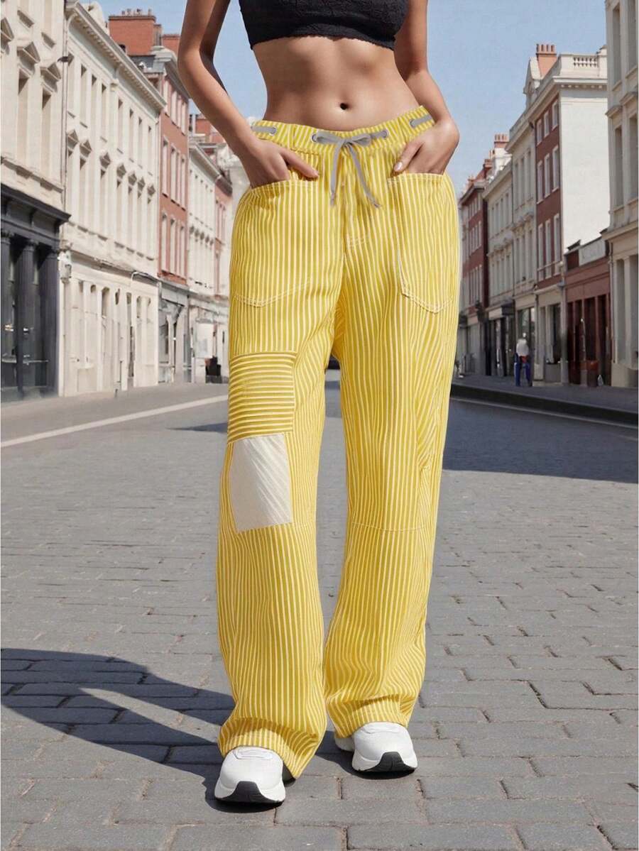 Women Striped Pants, Elastic Waist Drawstring Patchwork Wide Leg Pants Loose Trousers with Pockets - Amarillo - Ver 1