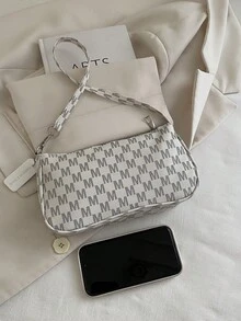 Letter Print Underarm Baguette Bag - Beige - View 6