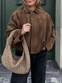 Retro Short Jacket, Turndown Collar Zipper Design, Loose Fit Slimming Casual Jacket For Autumn/Winter - Coffee Brown - View 4
