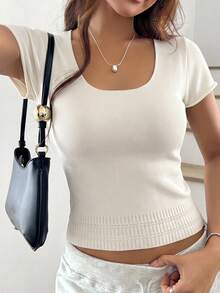 Sexy Crop Top U-Neck Short Sleeve T-Shirt, Tight Fitting Midriff-Baring Knit Blouse For Summer, Versatile - Apricot - View 7