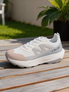 1 Paar Damen Weiß & Grau Farbblock Mesh Sneaker, Schnürung, bequeme & vielseitige Lässig Schuhe - Beige - Übersicht 10