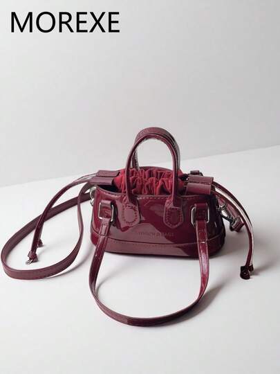 Mini Handbag For Women, Fashion Versatile Solid Color Glossy Drawstring Small Bucket Bag, Streetwear Shoulder Bag