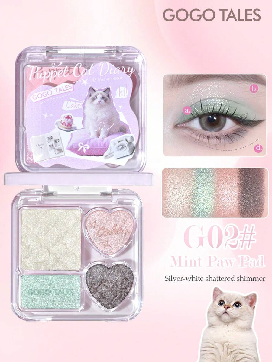 GOGO TALES 四色眼影盘,自然日常色调,哑光和珠光质地,腮红和高光,适合新手和日常妆容,包含橘棕色、紫色和烟熏粉色,GOGOTALES - G02# Mint Paw Pad - 查看 1