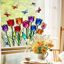CHAILLY Hình dán cửa sổ tĩnh điện họa tiết hoa tulip và hoa cúc kính màu với hình mèo, decal hoa có thể tái sử dụng để trang trí nhà cửa. - Nhãn dán cửa sổ - Xem 2