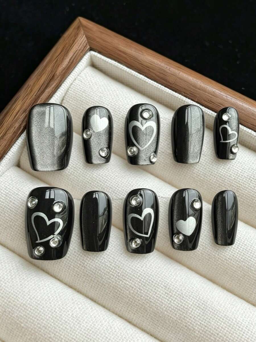 10pcs Hand Made Press On Nails, Edgy Black Cat Eye Nails Short, Heart Pattern Rhinestone Hot Girl Style Short Wearable Nails, Rhinestone Inlaid,Summer Nails, Black Nails, Square Nails,False Nails,Suitable For Daily Wear And Holiday Gifts - 黑色 - 查看 1