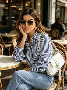 Women's Oversized Striped Long Sleeve Comfortable Shirt - 藍色 - 查看 3