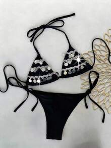Conjunto de bikini sexy de unicolor para mujer con decoración de colgante de lentejuelas redondas y tirantes para los hombros, ideal para vacaciones de verano en la playa - Negro - Ver 5