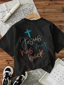 [Front And Back Images] Women's "Jesus Has My" Handwritten Style Letter Print T-Shirt, Crew Neck, Loose Fit, Casual - Vintage Urban Style, Unisex, Cotton, Short Sleeve, Crew Neck - 黑色 - 查看 2