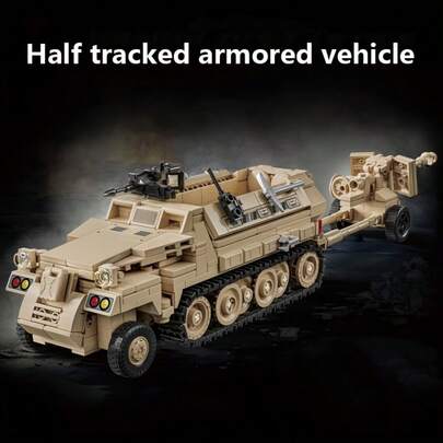 Half-Track Armored Vehicle Building Blocks, Gun Car Puzzle Toy Set, Parent-Child Interaction, Suitable As Birthday Or Holiday Surprise Gift For Boys
