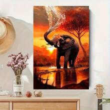 Kit de pintura de diamante 5D (1 peça) - Cena de elefante ao pôr do sol, arte em mosaico de diamantes redondos, artesanato DIY em estilo boêmio vibrante, adequado para adultos e iniciantes, decoração de casa, arte de parede com tema da vida selvagem africana, presente de aniversário/Natal - Sem moldura - diamante redondo - Ver 4