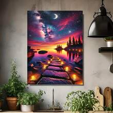 Pintura en lienzo 2D plana, 2D plana, una pintura 2D plana de 1 pieza que presenta un cielo estrellado y un camino de piedra iluminado por luces cálidas, perfecta para decorar un lago de ensueño. Disponible en varios s: 12X18, 16X24, 24X36 pulgadas - Enmarcado - Ver 4