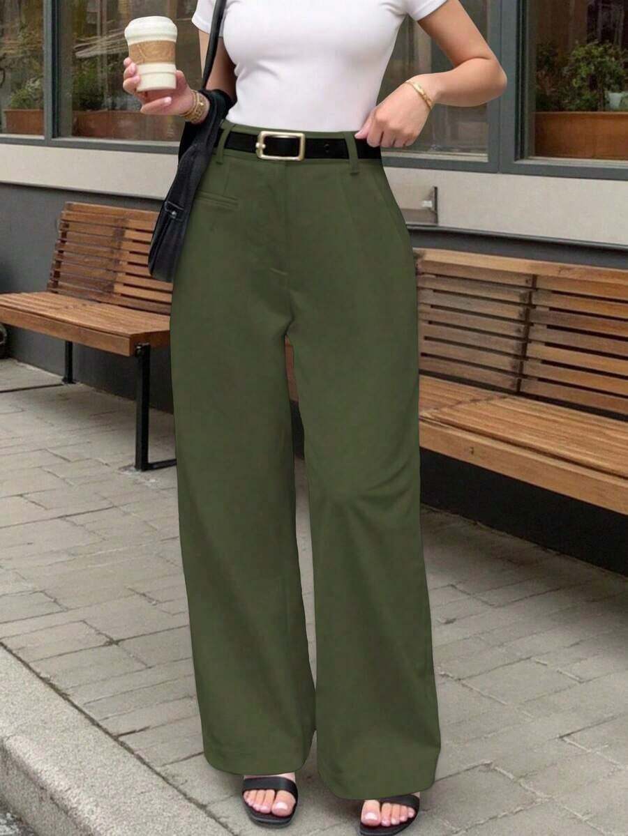 Pantalones de traje casuales de unicolor para mujer - Verde militar - Ver 1