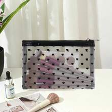1pc Handless Black Heart Print Mesh Makeup Bag, See-Through Zipper Design Portable Brush Holder Pouch, Ins Style - Multicolor - View 9