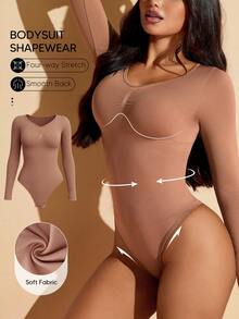 Suprenx 1pc Women's Long Sleeve Tummy Control Lift Bust Bodysuit - Camel - View 2