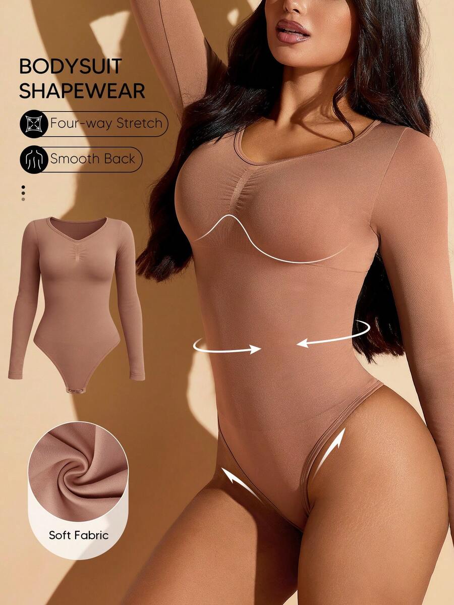 Suprenx 1pc Women's Long Sleeve Tummy Control Lift Bust Bodysuit