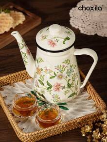 choxila 1pc Enamel Coffee Pot, Tea Pot,Floral Pattern Gooseneck Kettle, 1.2L Large Capacity, With Handle And Narrow Spout. It Can Be Used As An Oil Pot, Boiling Pot And Household Teapot, Suitable For Electric Stoves And Gas Stoves To Brew Coffee And Tea. - 1.2L Flower and Bird Enamel Kettle - View 3