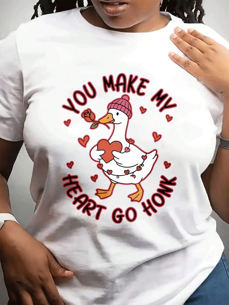 Women's Fashionable Casual Crew Neck T-Shirt For Valentine's Day | Short Sleeve, Lightweight Stretch Fabric, Geometric Pattern Duck Design For Daily Wear And Gifts - 白色 - 查看 1