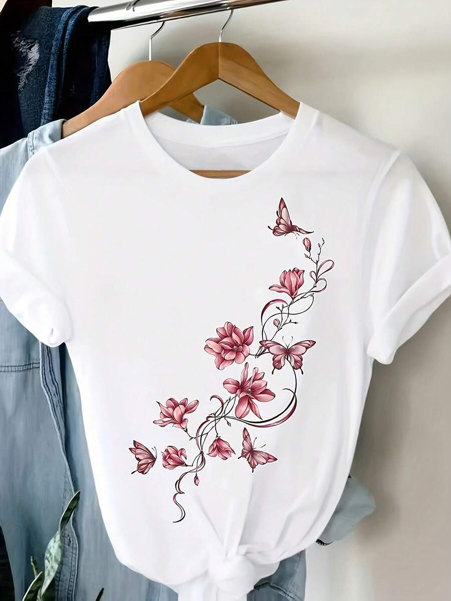 Women's Casual Short Top Sve Blouse - Pink Floral And Butterfly Print Round Neck Loose Top, Lightweight Summer Shirt Suitable For - Everyday Wear, Washable Tunic Style Blouse - 白色 - 查看 1
