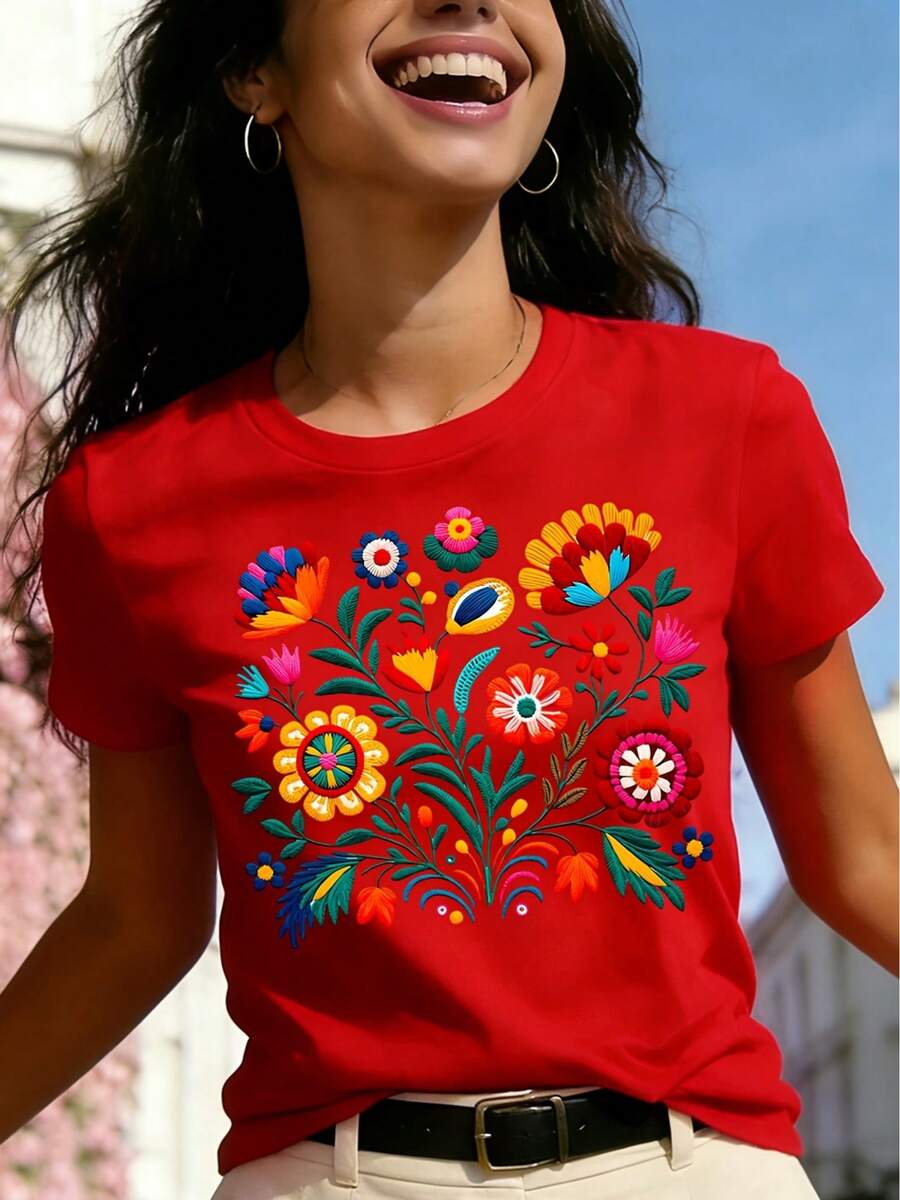 Mexican-Style T-Shirt With A Colorful Floral Print Featuring Festive Motifs, Casual Short-Sleeved Top With A Round Neck For Women. DWRM - 紅色 - 查看 1