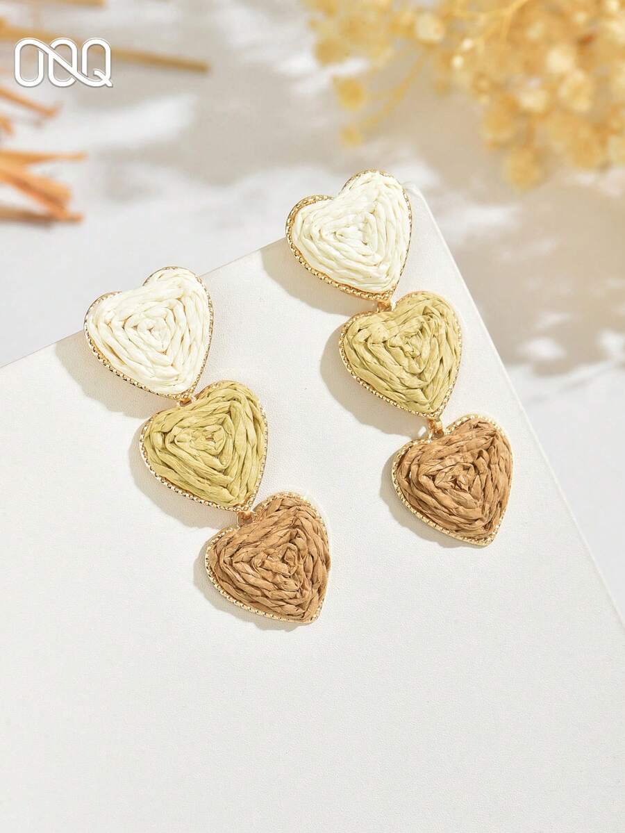1对几何3D心形流苏拉菲草耳环,夏季假日时尚简约首饰,情人节礼物(手工拉菲草编织,形状和方向随机) - 卡其色 - 查看 1