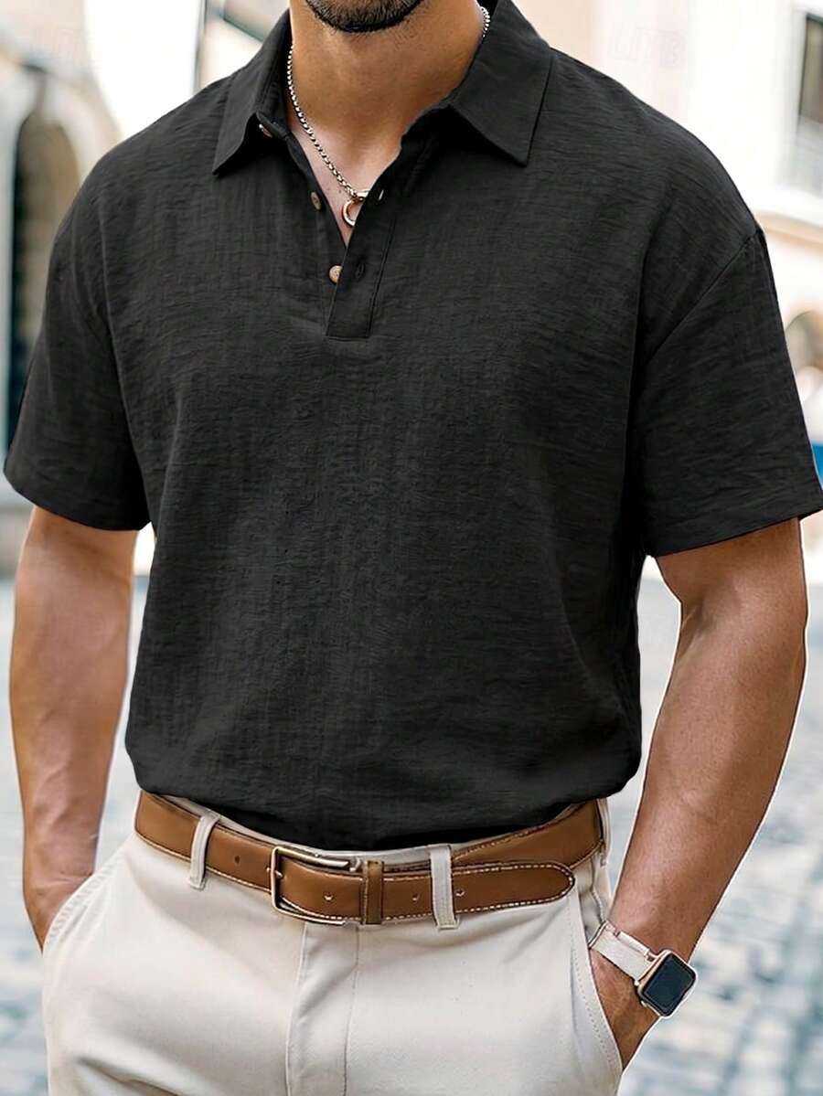 1 chiếc áo polo nam tay ngắn cổ Henley màu đen, chất liệu giả vải lanh, dáng rộng thoáng khí, cổ bẻ, cài khuy nửa thân áo, kiểu dáng đi nghỉ mát, có thể giặt máy, thích hợp mặc đi biển, đi làm, đa năng. - màu đen - Xem 1