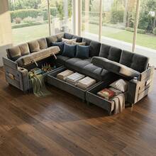 PERLECARE 85'' - 110" Sectional Sleeper Sofa With Pull Out Bed, 7 Seat Modular Sectional Sofa With Storage,  Cup Holders, Sectional Couches For Living Room, Modern Chenille Cloud Couch, Dark Gray - 淺灰色 - 查看 10